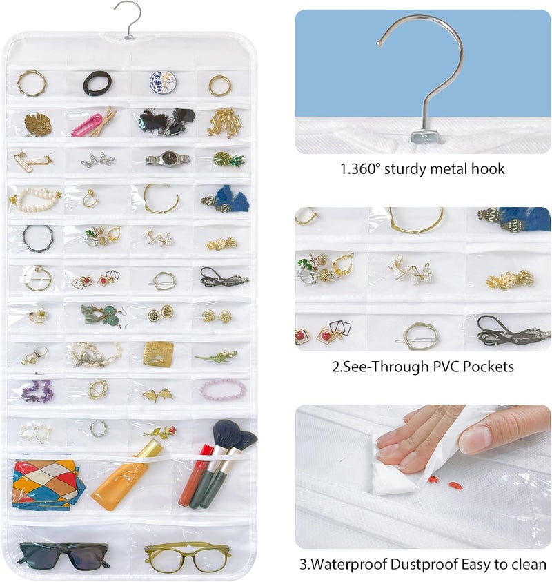 Bloss Hanging Jewelry Organizer With 90 Pockets,Earring Holder Organizer Storage For Valentine's Day Gift,Double-Sided Jewelry Holder for Earrings, Necklaces, Rings on Closet,Wall,Door(White) - Image 3