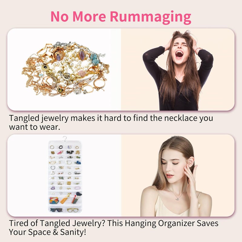 Bloss Hanging Jewelry Organizer With 90 Pockets,Earring Holder Organizer Storage For Valentine's Day Gift,Double-Sided Jewelry Holder for Earrings, Necklaces, Rings on Closet,Wall,Door(White) - Image 2