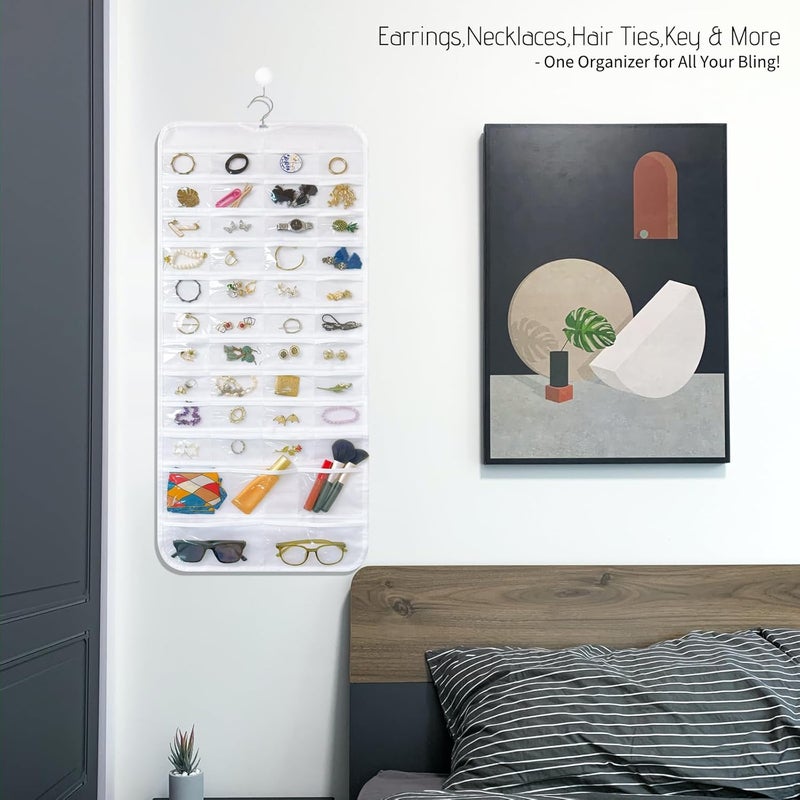 Bloss Hanging Jewelry Organizer With 90 Pockets,Earring Holder Organizer Storage For Valentine's Day Gift,Double-Sided Jewelry Holder for Earrings, Necklaces, Rings on Closet,Wall,Door(White) - Image 4