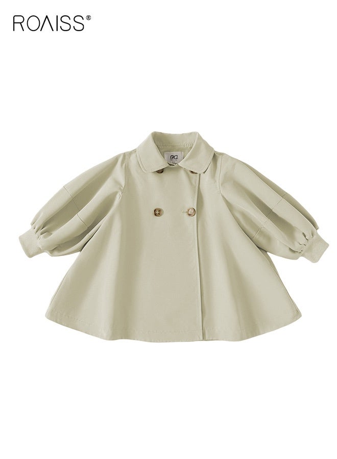 roaiss Girls Stylish Trench Coat, Double-breasted Mid-length Overcoat, Button Down Jacket with Puff Sleeves, Classic Comfortable Windbreaker for Girls, Suitable for Daily Wear and Outdoor Activities - Image 1