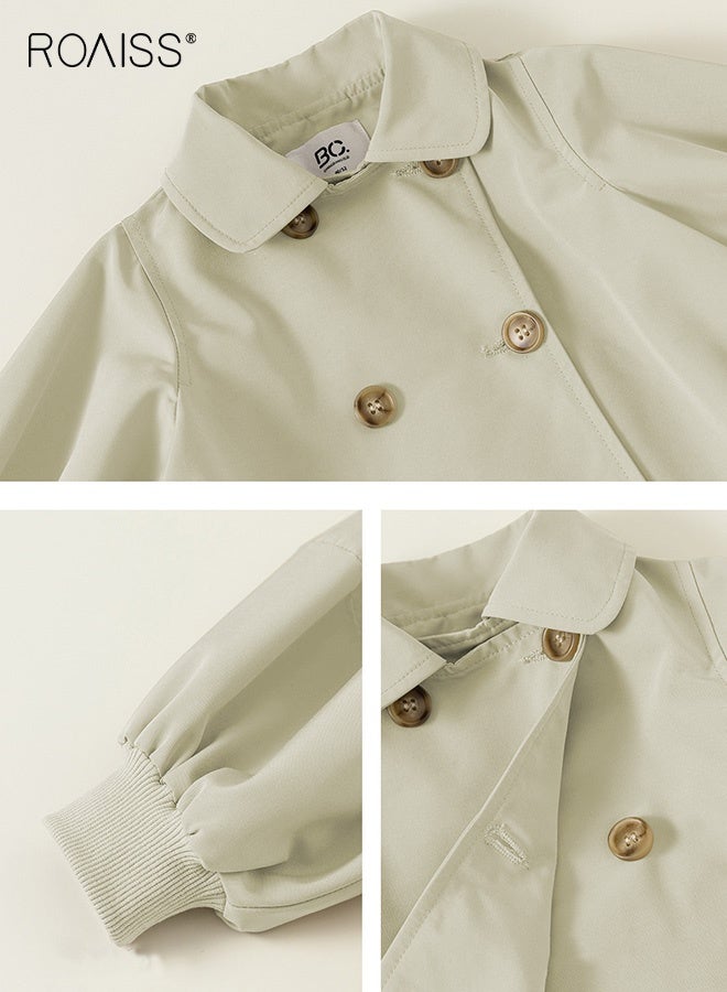 roaiss Girls Stylish Trench Coat, Double-breasted Mid-length Overcoat, Button Down Jacket with Puff Sleeves, Classic Comfortable Windbreaker for Girls, Suitable for Daily Wear and Outdoor Activities - Image 4