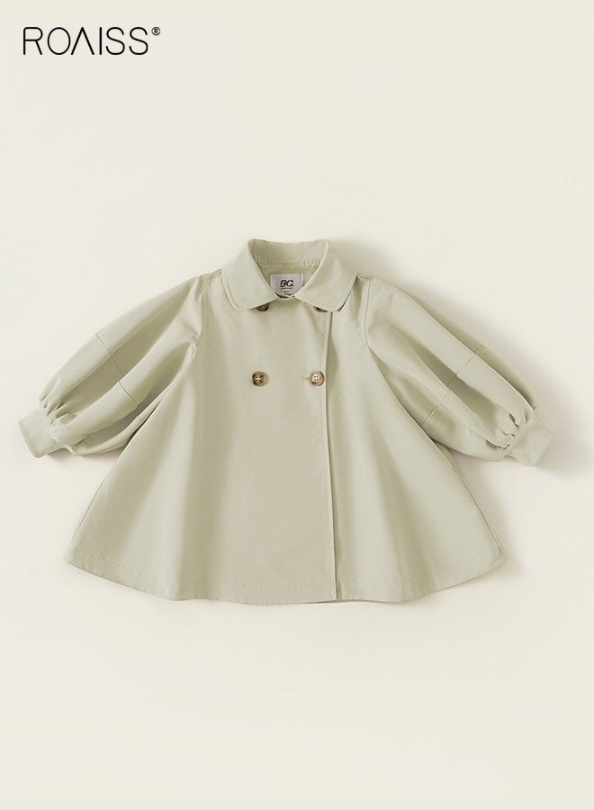 roaiss Girls Stylish Trench Coat, Double-breasted Mid-length Overcoat, Button Down Jacket with Puff Sleeves, Classic Comfortable Windbreaker for Girls, Suitable for Daily Wear and Outdoor Activities - Image 2