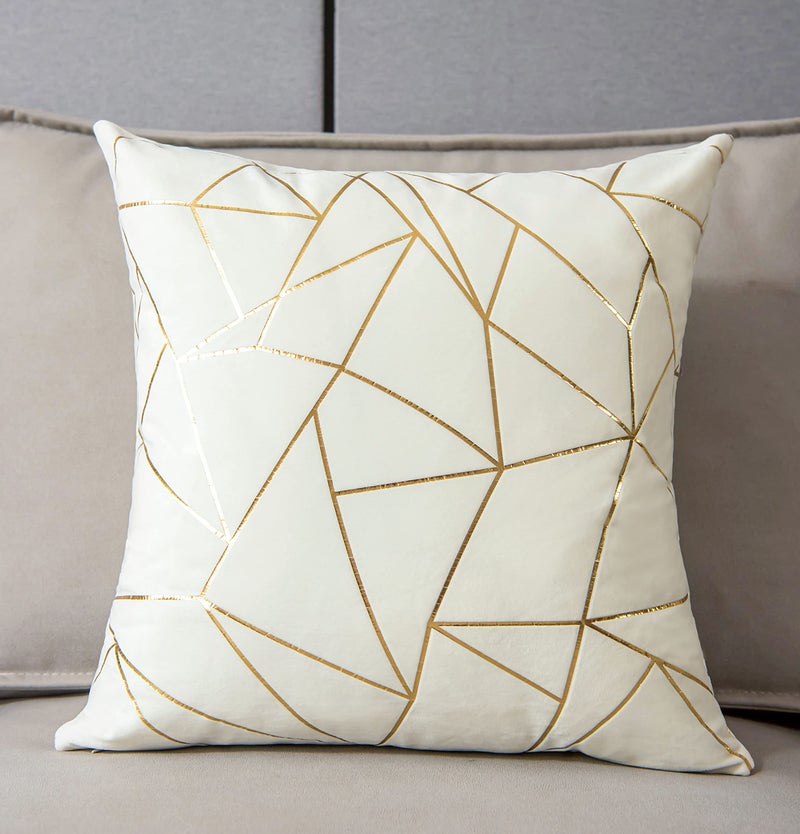 YONGLIU YONGLIU 2 Packs Velvet Cushion Cases Decorative Gold Foil Geometric Pattern Ultra-Soft Square Throw Pillow Covers for Modern Homes Couch Sofa Bedroom Living Room Car Chair (Off White  16""X16"")  - Image 2
