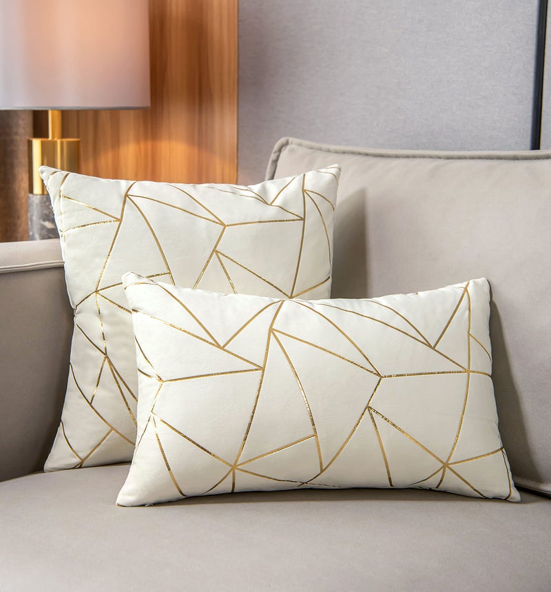 YONGLIU YONGLIU 2 Packs Velvet Cushion Cases Decorative Gold Foil Geometric Pattern Ultra-Soft Square Throw Pillow Covers for Modern Homes Couch Sofa Bedroom Living Room Car Chair (Off White  16""X16"")  - Image 4