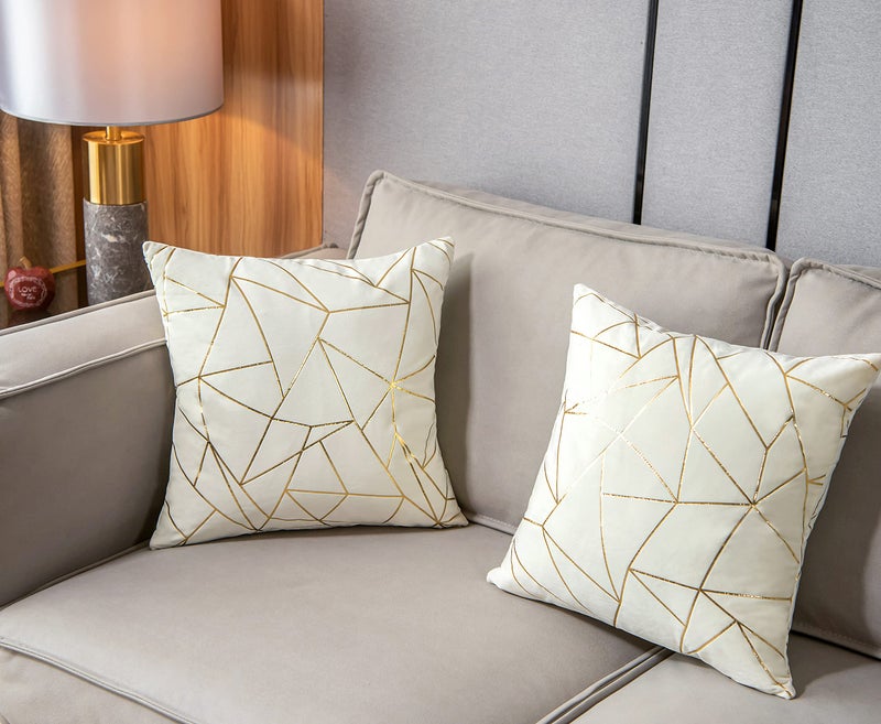 YONGLIU YONGLIU 2 Packs Velvet Cushion Cases Decorative Gold Foil Geometric Pattern Ultra-Soft Square Throw Pillow Covers for Modern Homes Couch Sofa Bedroom Living Room Car Chair (Off White  16""X16"")  - Image 3