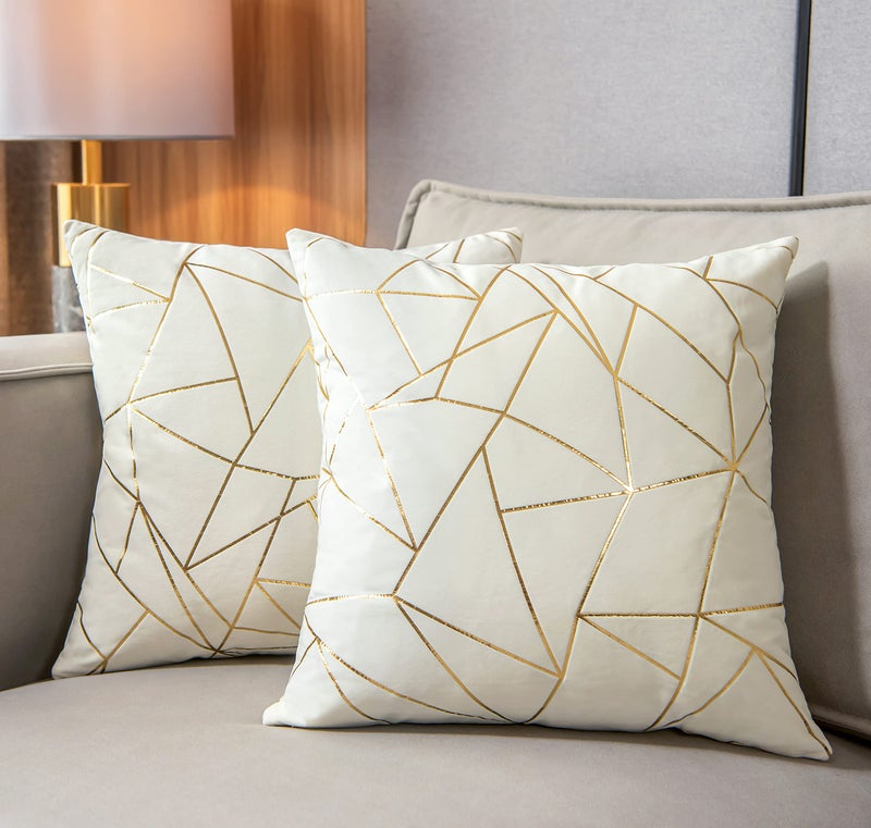 YONGLIU YONGLIU 2 Packs Velvet Cushion Cases Decorative Gold Foil Geometric Pattern Ultra-Soft Square Throw Pillow Covers for Modern Homes Couch Sofa Bedroom Living Room Car Chair (Off White  16""X16"")  - Image 1