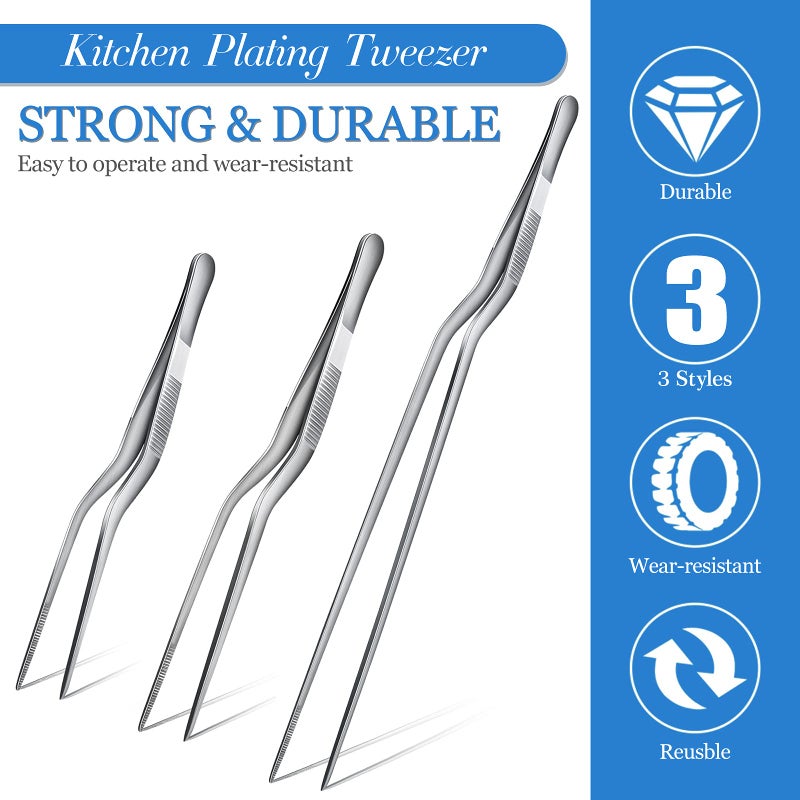Chumia 3 Pieces Stainless Steel Tweezers Tongs Cooking Tweezers Precision Kitchen Tongs Plating Food Tweezers Metal Culinary Tweezers Clamp Tip Tweezers Tongs Chef Tweezers for Cake Decorating - Image 5