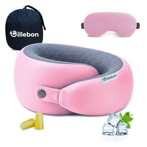 Billebon Memory Foam Neck Pillow with Cooling Gel, Snake Shape Travel Pillow with Snap Button, Neck Rest for Travelling & Flight Travel, Ergonomic Support for Comfort & Pain Relief (Pink Combo) - Image 1