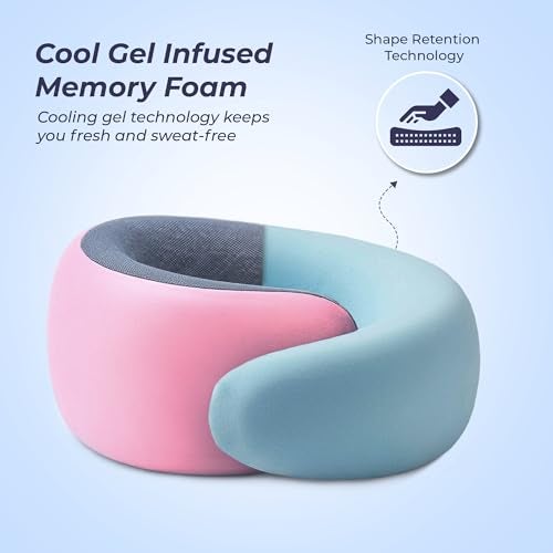 Billebon Memory Foam Neck Pillow with Cooling Gel, Snake Shape Travel Pillow with Snap Button, Neck Rest for Travelling & Flight Travel, Ergonomic Support for Comfort & Pain Relief (Pink Combo) - Image 2