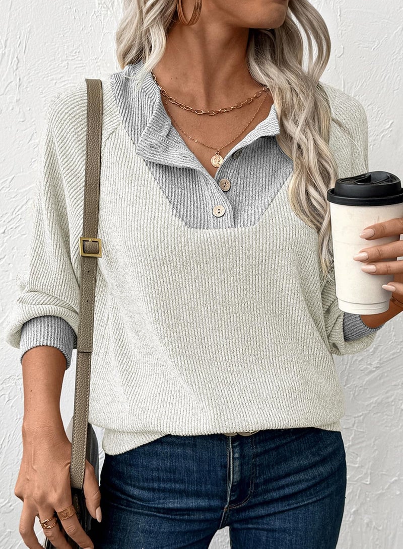 EVALESS Womens Long Sleeve Shirts Spring Fashion 2026 Patchwork Button Up V Neck Oversized Sweatshirt Casual Trendy Pullover Teacher Outfits Tops White Large - Image 5