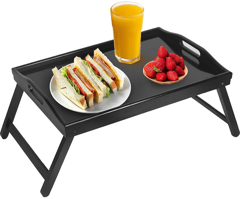 Jibanie MultiPurpose Bamboo Wood Lap Desk  Folding Legs Breakfast Food Tray Serving Dinner Tea TV Tray  Lightweight Minimalist Black