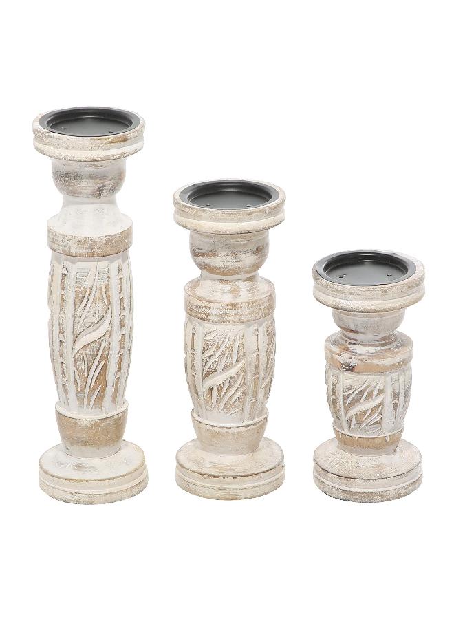 Deco 79 Wood Handmade Candle Holder with Carved Designs, Set of 3 6", 8", 10"H, White