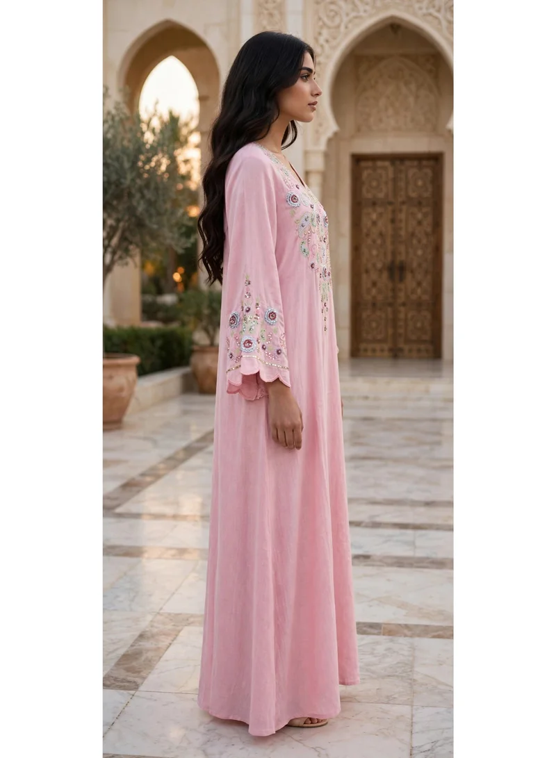 Ikkxa  Paisley Embroidered V Neck Jalabiya with Scalloped Sleeves for Women | Best Price UAE