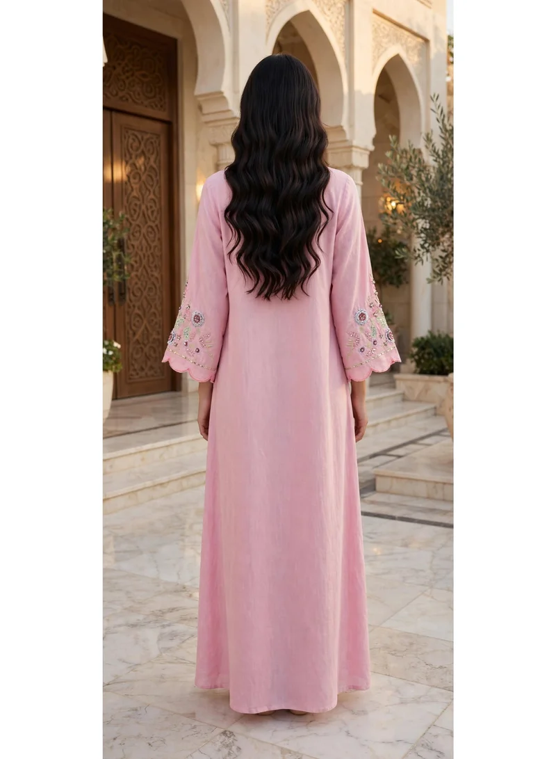 Ikkxa  Paisley Embroidered V Neck Jalabiya with Scalloped Sleeves for Women | Best Price UAE