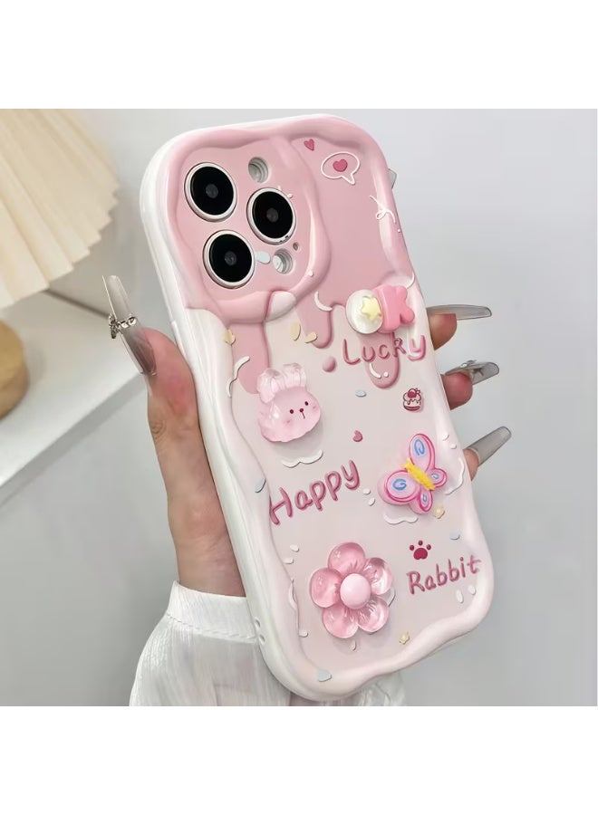 Temu Cute 3D iPhone case with pink bunny and flowers, complete with a strap, perfect for girls, compatible with iPhone 13 Pro - Image 2