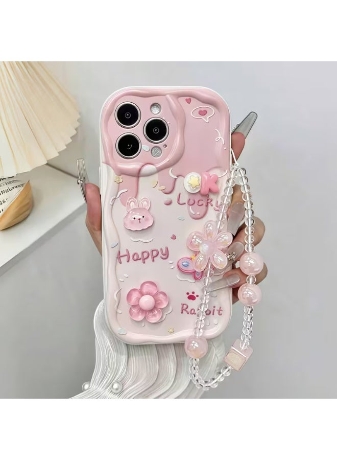 Temu Cute 3D iPhone case with pink bunny and flowers, complete with a strap, perfect for girls, compatible with iPhone 13 Pro - Image 1