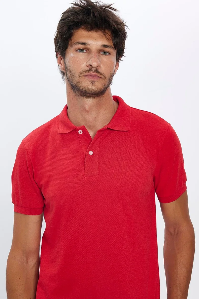 Tudors Men's Slim Fit Slim Cut Cotton Soft Texture Cool Fabric Plain Pique Red Polo Neck T-Shirt