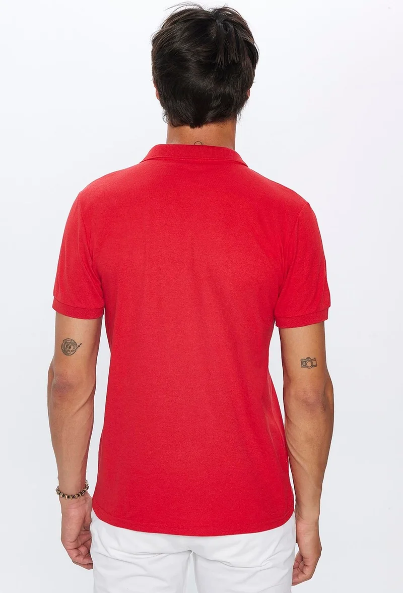 Tudors Men's Slim Fit Slim Cut Cotton Soft Texture Cool Fabric Plain Pique Red Polo Neck T-Shirt
