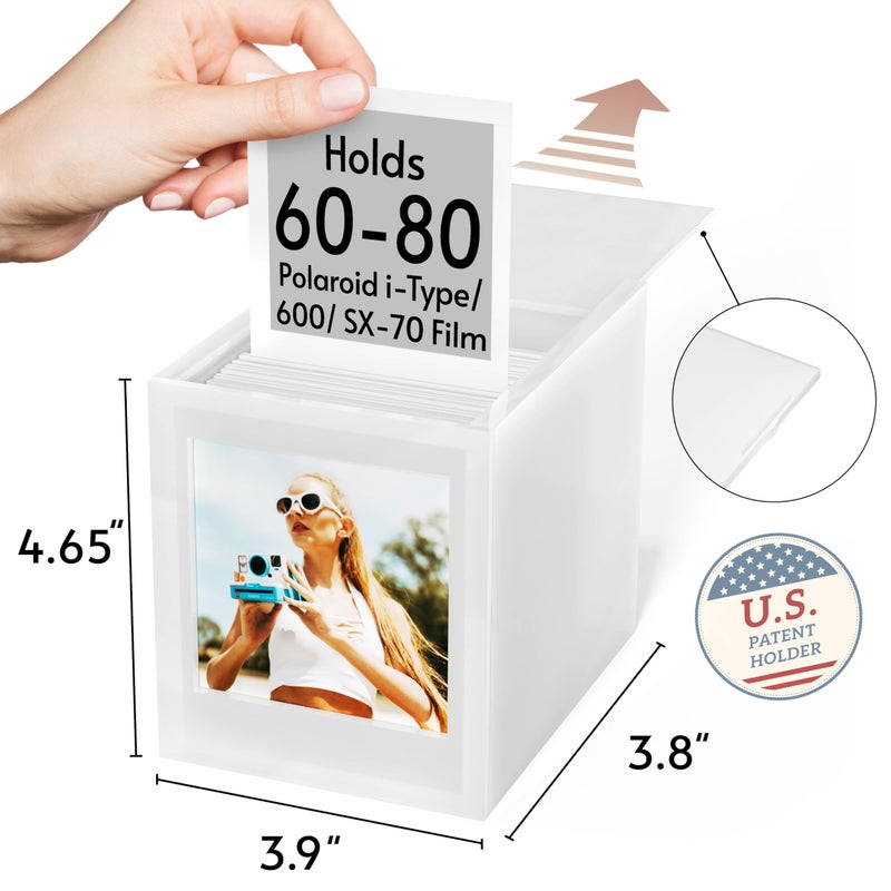 WINKINE Acrylic Polaroid Photo Storage Box for Polaroid i-Type/600/SX-70/Instax Square Film, 4.2''x3.5'' Frame Box with Sliding Lid, Wedding Guest Book Alternative, Instax Photo Frame, White, 1 Pack - Image 3