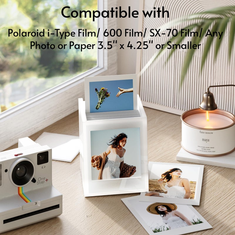 WINKINE Acrylic Polaroid Photo Storage Box for Polaroid i-Type/600/SX-70/Instax Square Film, 4.2''x3.5'' Frame Box with Sliding Lid, Wedding Guest Book Alternative, Instax Photo Frame, White, 1 Pack - Image 2