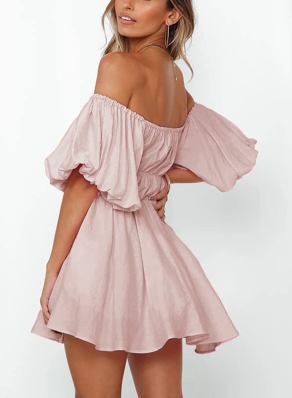 Dokotoo Spring Dresses for Women 2025 Lantern Sleeve Elastic Waist Pink Dress Casual Ruffle A-Line Mini Dresses for Wedding Guest Small - Image 5
