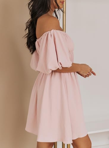 Dokotoo Spring Dresses for Women 2025 Lantern Sleeve Elastic Waist Pink Dress Casual Ruffle A-Line Mini Dresses for Wedding Guest Small - Image 2