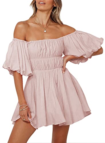 Dokotoo Spring Dresses for Women 2025 Lantern Sleeve Elastic Waist Pink Dress Casual Ruffle A-Line Mini Dresses for Wedding Guest Small - Image 1