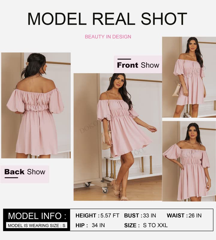 Dokotoo Spring Dresses for Women 2025 Lantern Sleeve Elastic Waist Pink Dress Casual Ruffle A-Line Mini Dresses for Wedding Guest Small - Image 3