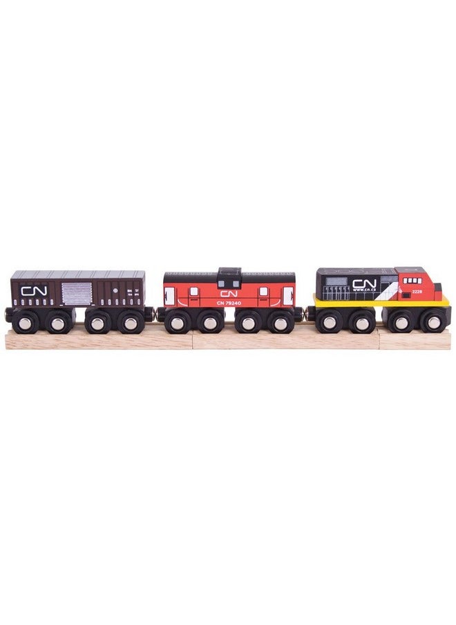Bigjigs Rail Bigjigs Rail Wooden CN Train - 1 Engine, 2 Carriages & 2 Track Pieces, Kids Train Toy Accessories, Toddler Railway Sets, Trains with Magnetic Couplings, for 3+ Year Old  - Image 1