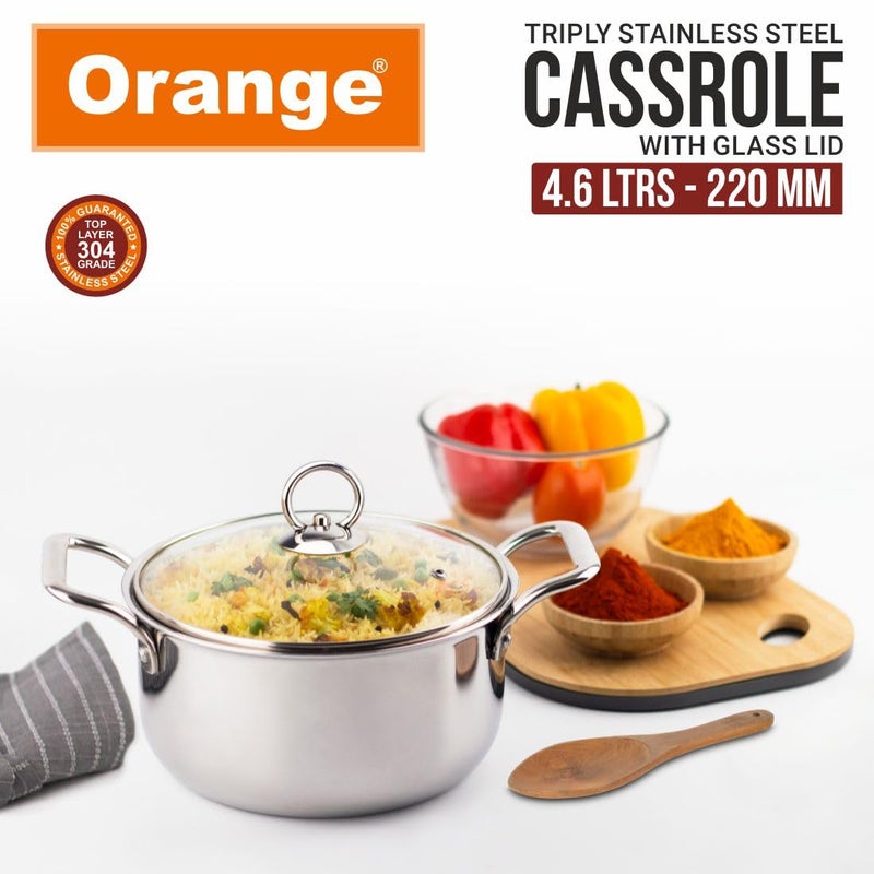 Orange Stainless Steel Triply Cook & Serve Casserole/Biryani Pot/Handi/Stock Pot 4.6 litres with Glass lid and Handles| 2.5mm Thickness, 22 cm Diameter | Induction cooktop Friendly | - Image 5