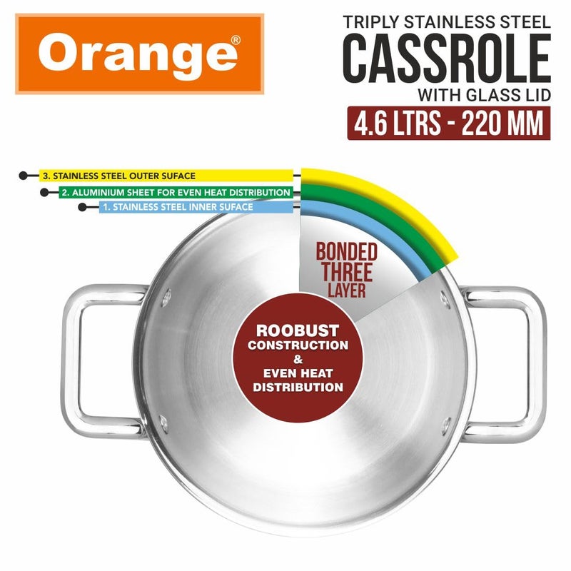 Orange Stainless Steel Triply Cook & Serve Casserole/Biryani Pot/Handi/Stock Pot 4.6 litres with Glass lid and Handles| 2.5mm Thickness, 22 cm Diameter | Induction cooktop Friendly | - Image 3