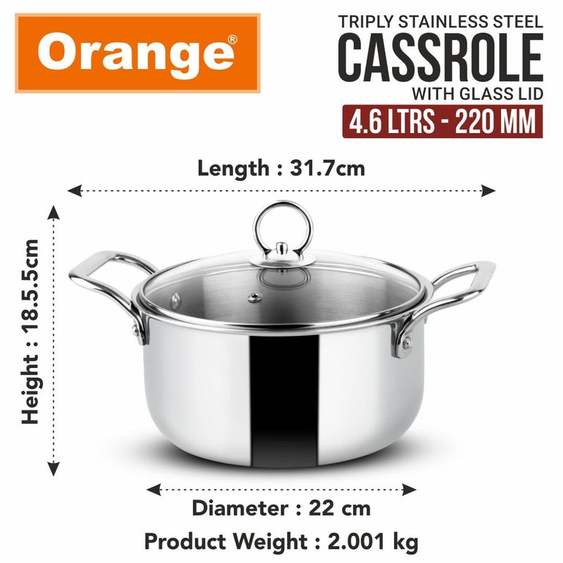 Orange Stainless Steel Triply Cook & Serve Casserole/Biryani Pot/Handi/Stock Pot 4.6 litres with Glass lid and Handles| 2.5mm Thickness, 22 cm Diameter | Induction cooktop Friendly | - Image 2