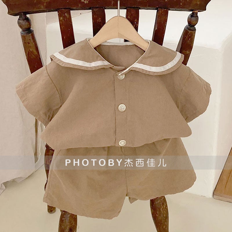 Ins Korean Style Childrens Summer New Arrival suit Korean Style Fashionable College Style Short Sleeve Shirt and Shorts suit for Boys and Girls Khakis.