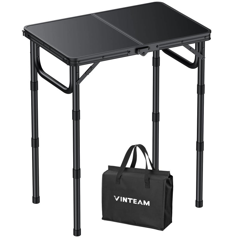 VINTEAM Tri-Folding Camping Table with 3 Adjustable Heights, Lightweight Portable Outdoor Picnic BBQ Table, Black Aluminum Folding Grill Table for Camping, RV, Beach, Fishing & Backyard - Image 1