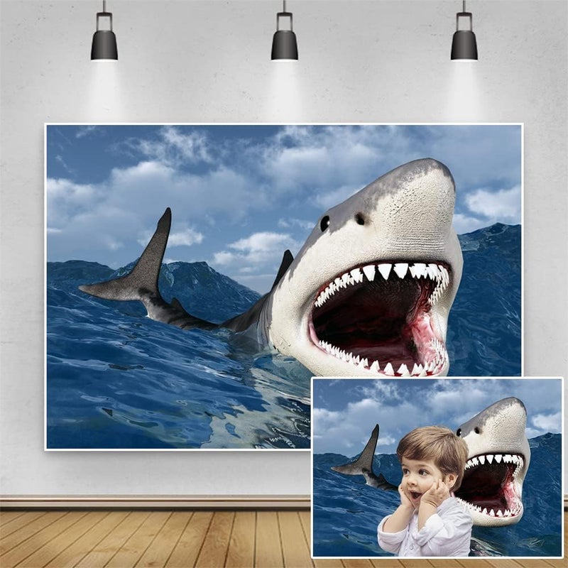 Yeele 6x4ft 3D Ocean Shark Photo Backdrop Underwater World Great White Shark Photography Background Theme Birthday Party Decoration Boy Kid Men Portraits Shooting Vinyl Photo Booth Props - Image 2