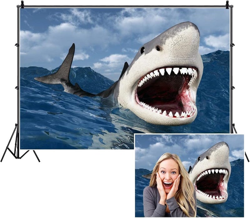 Yeele 6x4ft 3D Ocean Shark Photo Backdrop Underwater World Great White Shark Photography Background Theme Birthday Party Decoration Boy Kid Men Portraits Shooting Vinyl Photo Booth Props - Image 1