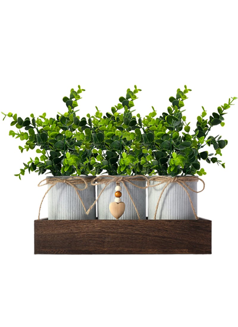 HEMYLU HEMYLU Artificial Flower Decorative Centerpiece Frosty Green Eucalyptus Table Arrangement with 3 Rustic Metal Pots and Wood Tray for Farmhouse Home Dcor 