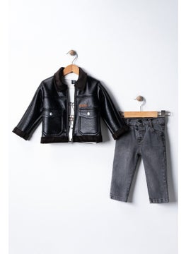 Miniğimin Cicileri My Little Ones (1-8 Years Old) Leather Coat Inner Cashmere Lining Boy's 3-piece Set - Black  - Image 1