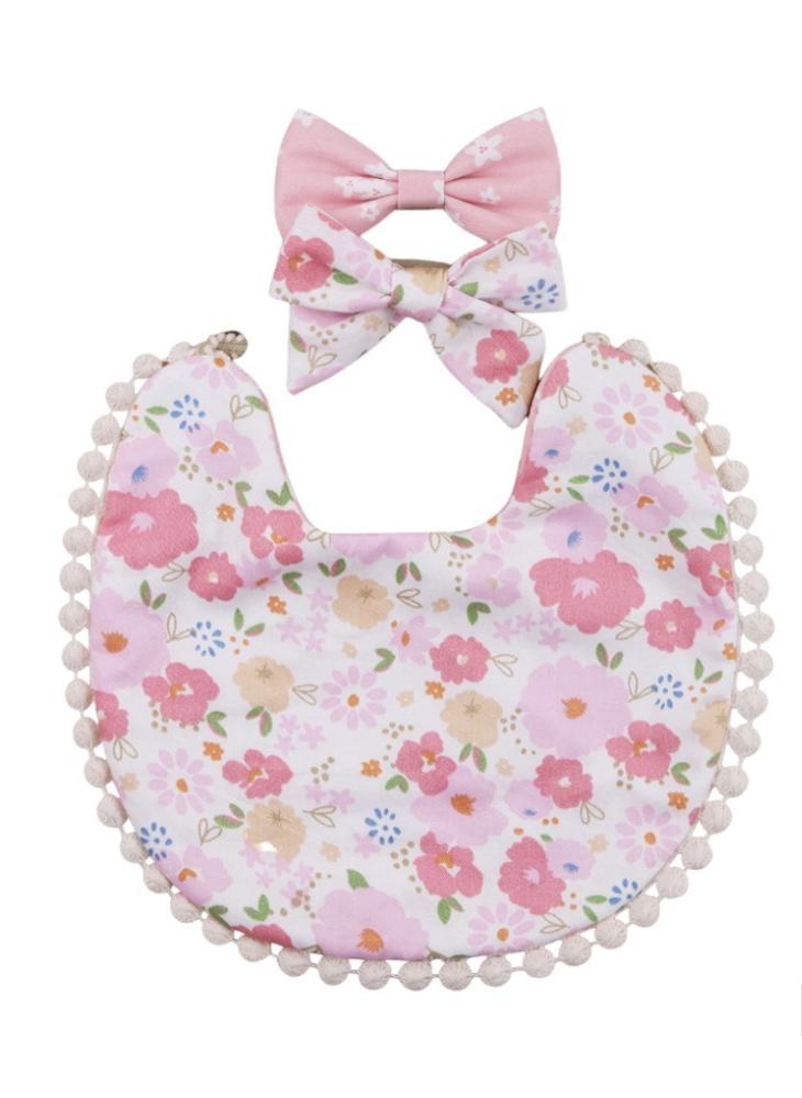 Bambimici Isabella Ribbon Headband And Reversible Baby Bib For Babies Floral Light Pink - Image 1