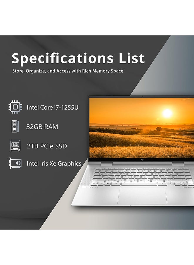 HP كمبيوتر محمول Envy X360 2 في 1 بشاشة لمس FHD مقاس 15.6 بوصة، ومعالج Core i7 1255U/ذاكرة وصول عشوائي سعة 32 جيجابايت/محرك أقراص SSD سعة 2 تيرابايت PCIe/بطاقة رسومات Intel Iris Xe/نظام التشغيل Windows 11 Pro + بطاقة USB Hotface سعة 32 جيجابايت - Image 2