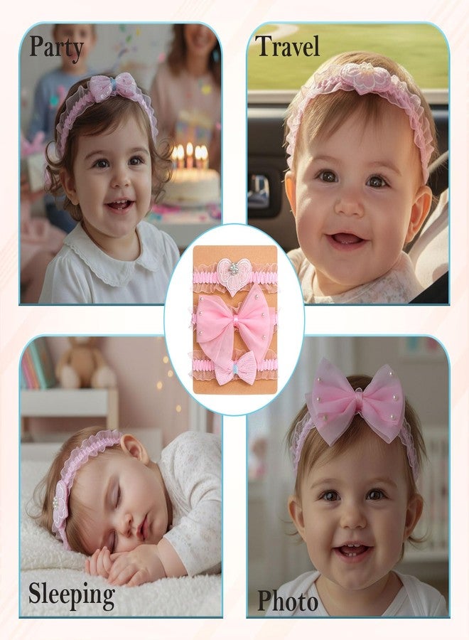 SYGA 3 Pcs Baby Headband Set – Heart, Pearl Accent & Velvet Bow Designs – Soft, Stretchy Elastic, Infant & Toddler Headbands, Perfect for Newborns, Photoshoots & Gifts (Pink) - Image 4