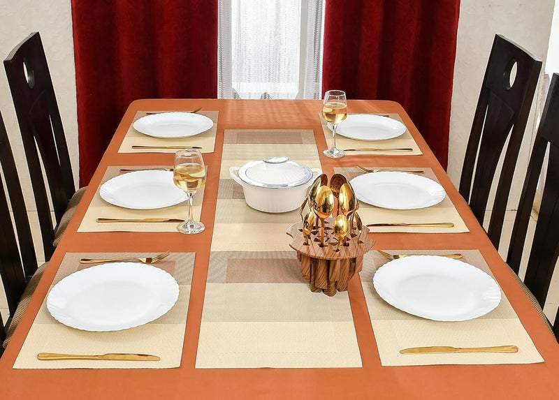 Yellow Weaves Yellow Weaves 6 PVC Dining Table Placemats with 1 Runner (30 X 135 CM), Set of 7 - Beige Brown Border - Image 3