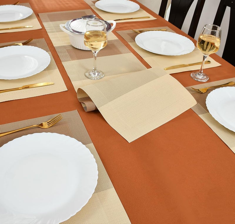 Yellow Weaves Yellow Weaves 6 PVC Dining Table Placemats with 1 Runner (30 X 135 CM), Set of 7 - Beige Brown Border - Image 1