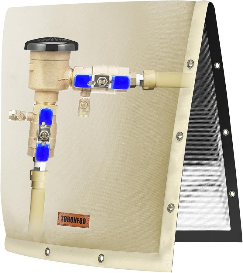 TOHONFOO 2-Way Opening Backflow Preventer Pipe Insulation Cover (5°F) - Irrigation Sprinkler Valve Cover - Water Well Pump Cover - Sturdy 5 Layers for Winter Freeze Protection (16" W x 20" H, Beige) - Image 1