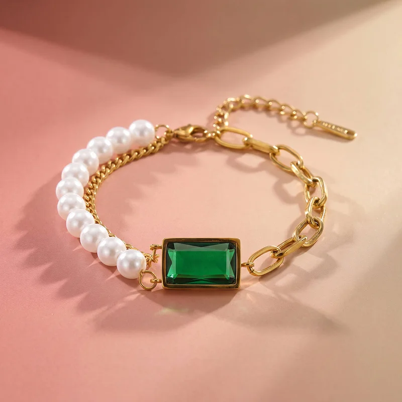 Palmonas PALMONAS Emerald-Green Bold Green Gem Chain Bracelet for Women | 18K Gold Plated, Waterproof & Anti-Tarnish