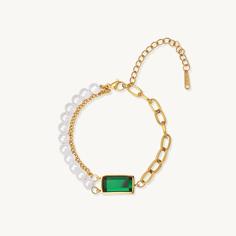 Palmonas PALMONAS Emerald-Green Bold Green Gem Chain Bracelet for Women | 18K Gold Plated, Waterproof & Anti-Tarnish