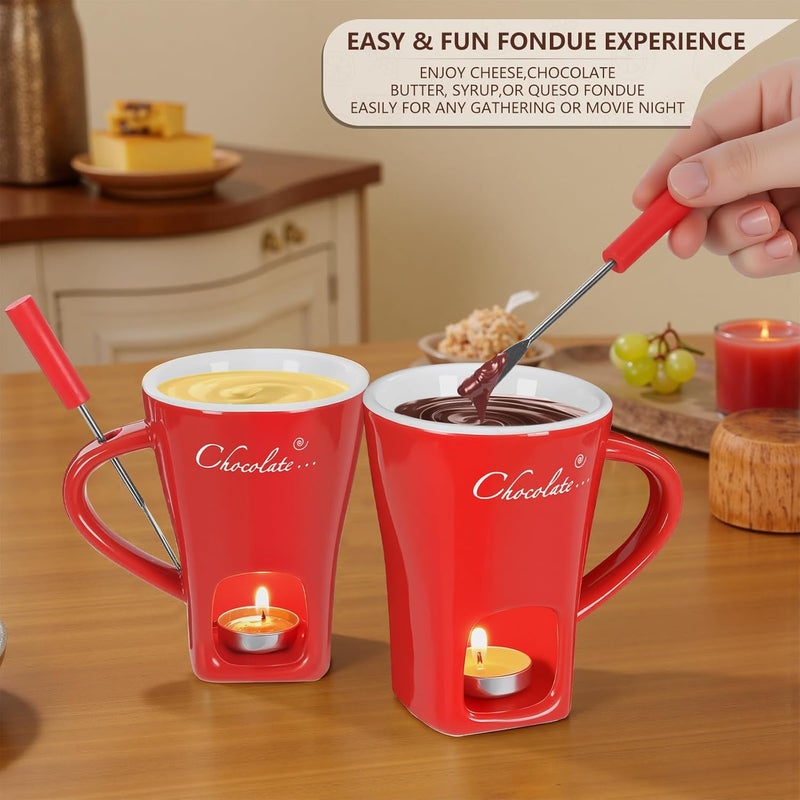 daslich Fondue Pot Cup Set, Chocolate Melting Fondue Mugs with 2 Forks & 4 Tealights, Mini Red Ceramic Fondue Set for Cheese, Marshmallows, Sweet Fondue Cup for Date Night, Party, Wedding, or Holiday Gift - Image 5