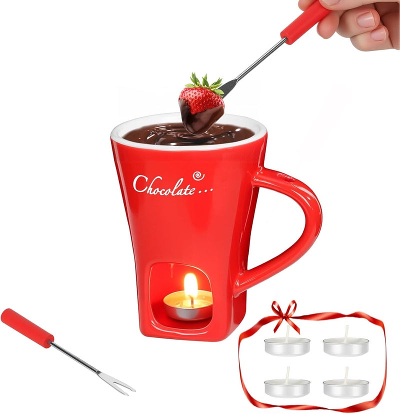 daslich Fondue Pot Cup Set, Chocolate Melting Fondue Mugs with 2 Forks & 4 Tealights, Mini Red Ceramic Fondue Set for Cheese, Marshmallows, Sweet Fondue Cup for Date Night, Party, Wedding, or Holiday Gift - Image 1