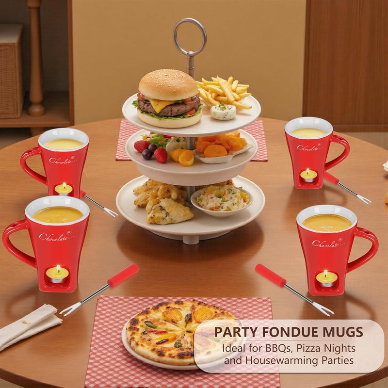 daslich Fondue Pot Cup Set, Chocolate Melting Fondue Mugs with 2 Forks & 4 Tealights, Mini Red Ceramic Fondue Set for Cheese, Marshmallows, Sweet Fondue Cup for Date Night, Party, Wedding, or Holiday Gift - Image 4