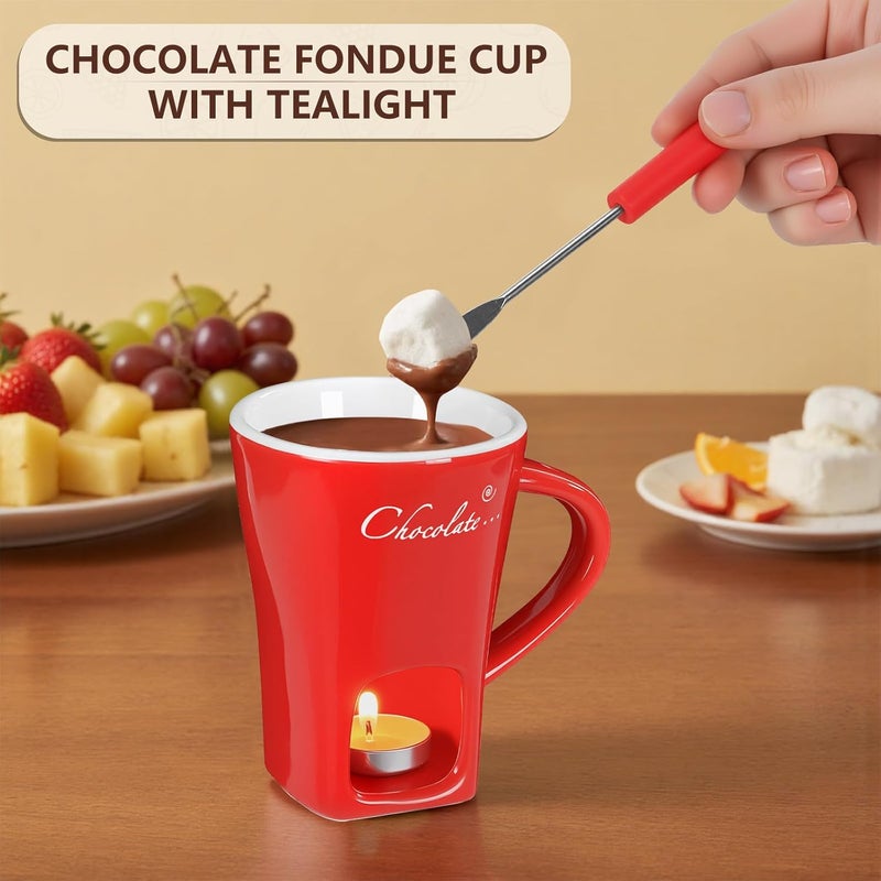 daslich Fondue Pot Cup Set, Chocolate Melting Fondue Mugs with 2 Forks & 4 Tealights, Mini Red Ceramic Fondue Set for Cheese, Marshmallows, Sweet Fondue Cup for Date Night, Party, Wedding, or Holiday Gift - Image 2